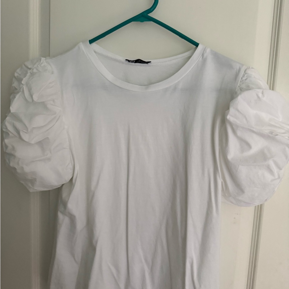 Zara White Puff Sleeve Short Sleeve Tee